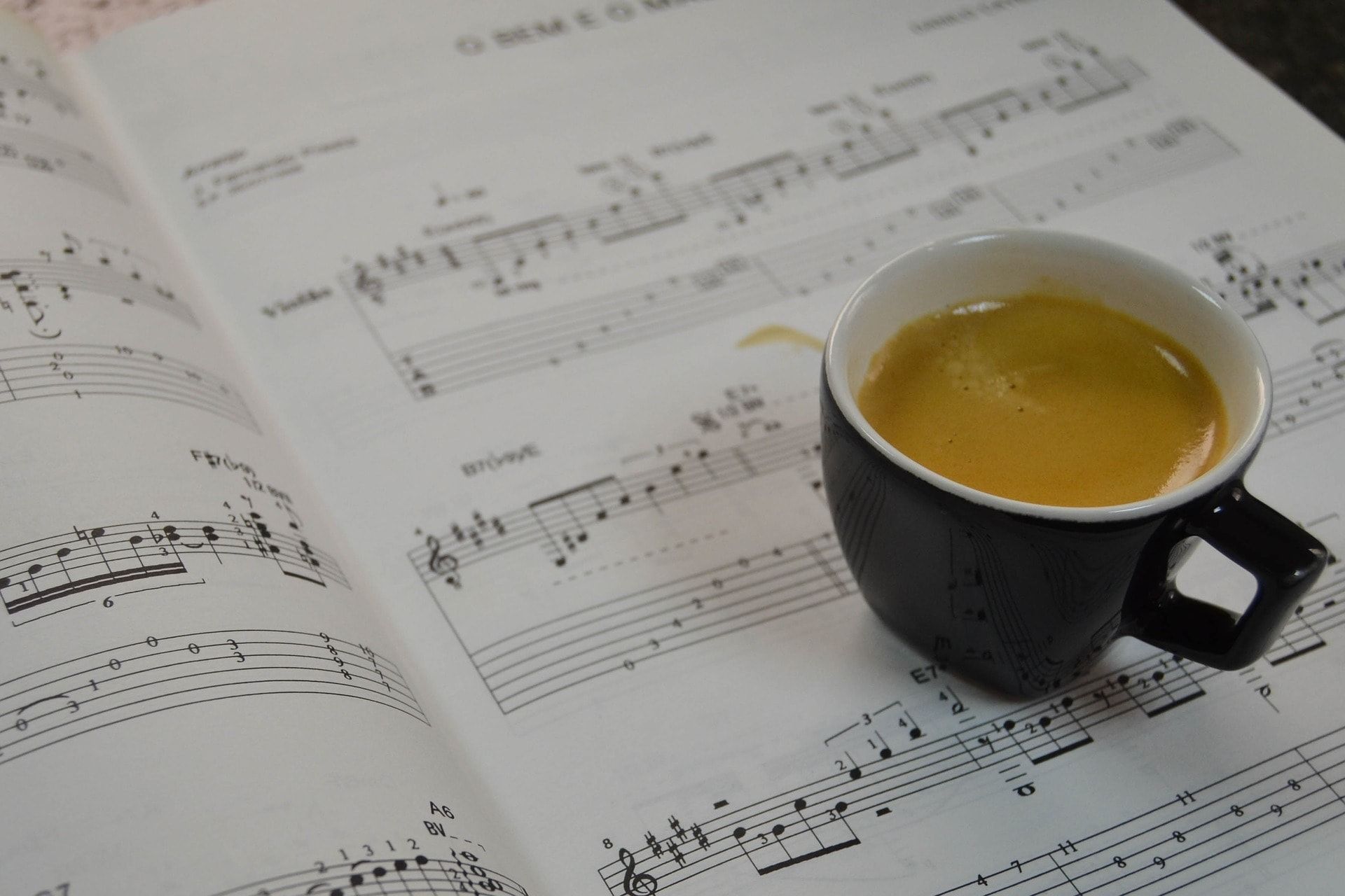 Photo of a coffee cup sitting on a sheet of music